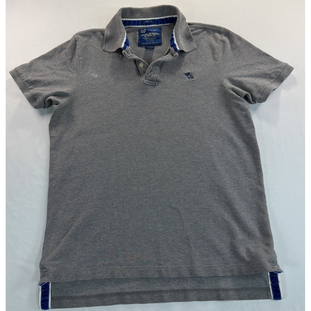 Abercrombie Fitch Polo Shirt Men's Muscle L Gray Logo Blue Trim Casual Classic